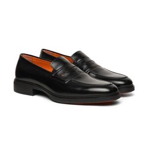 Santoni Men Black Leather Penny Loafers Made in Italy Orange Sole US 8 UK 7